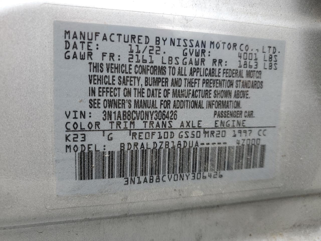 2022 NISSAN SENTRA SV VIN:3N1AB8CV0NY306426