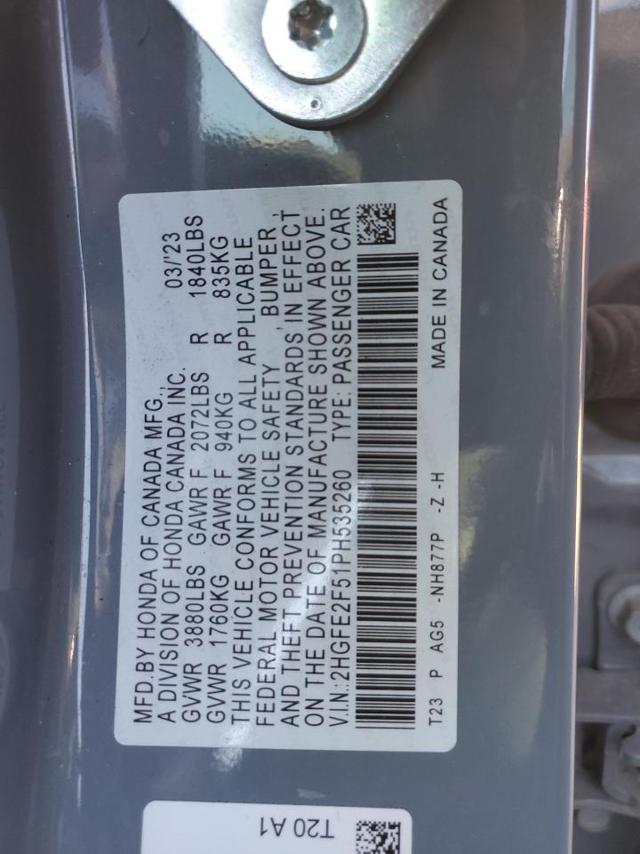 2023 HONDA CIVIC SPORT VIN:2HGFE2F51PH535260