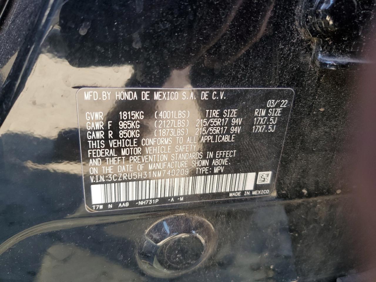 2022 HONDA HR-V LX VIN:3CZRU5H31NM740209