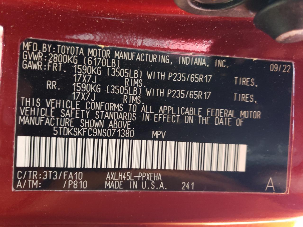 2022 TOYOTA SIENNA LE VIN:5TDKSKFC9NS071380