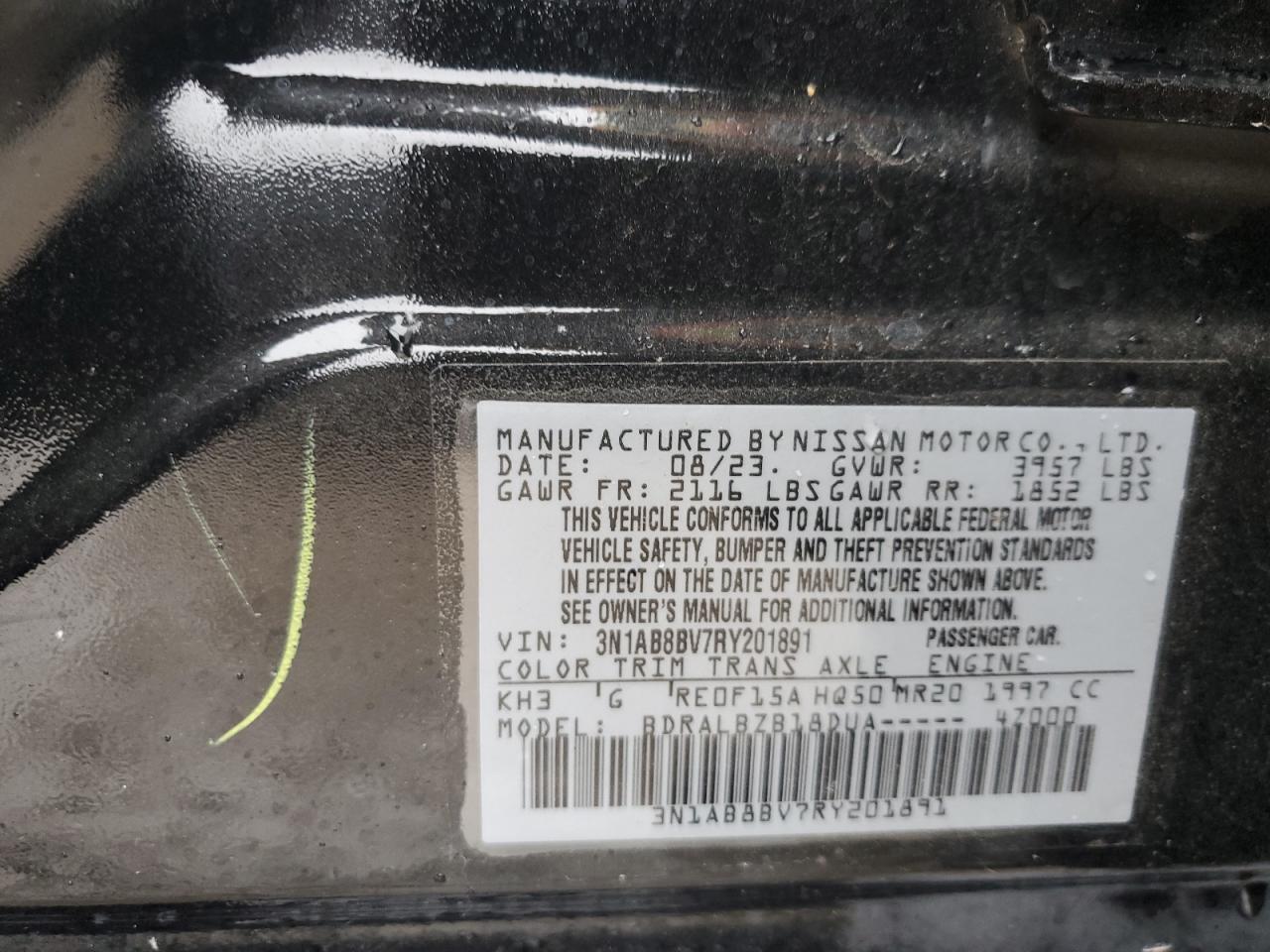 2024 NISSAN SENTRA S VIN:3N1AB8BV7RY201891