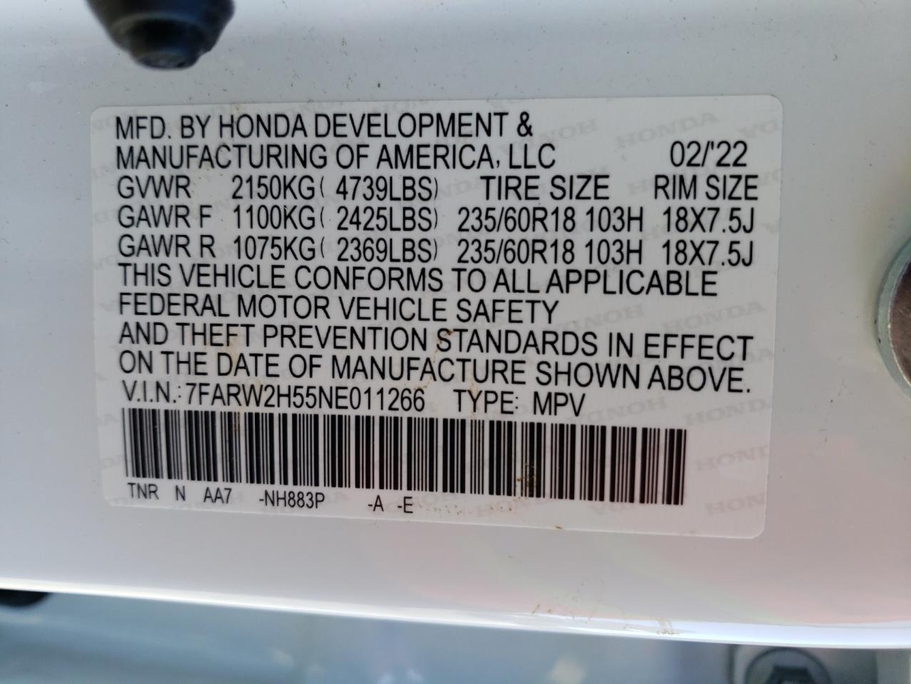 2022 HONDA CR-V EX VIN:7FARW2H55NE011266