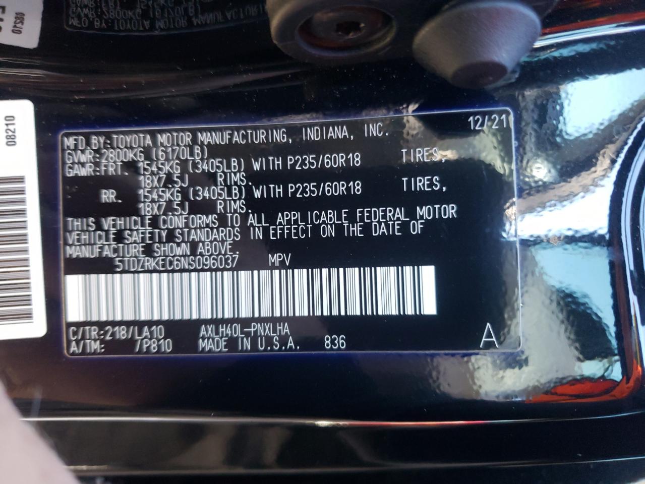2022 TOYOTA SIENNA LIMITED VIN:5TDZRKEC6NS096037