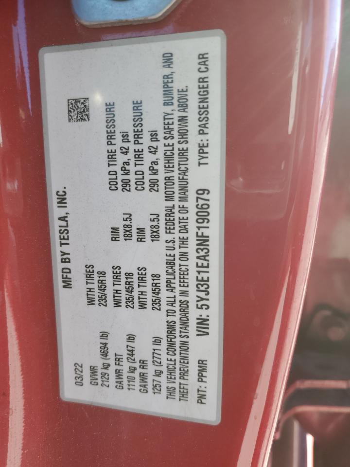 2022 TESLA MODEL 3  VIN:5YJ3E1EA3NF190679