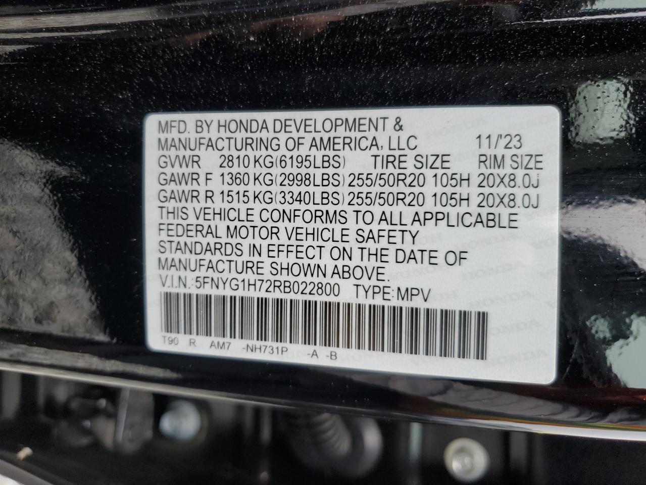 2024 HONDA PILOT TOURING VIN:5FNYG1H72RB022800