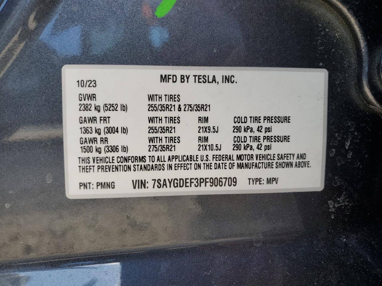 2023 TESLA MODEL Y  VIN:7SAYGDEF3PF906709