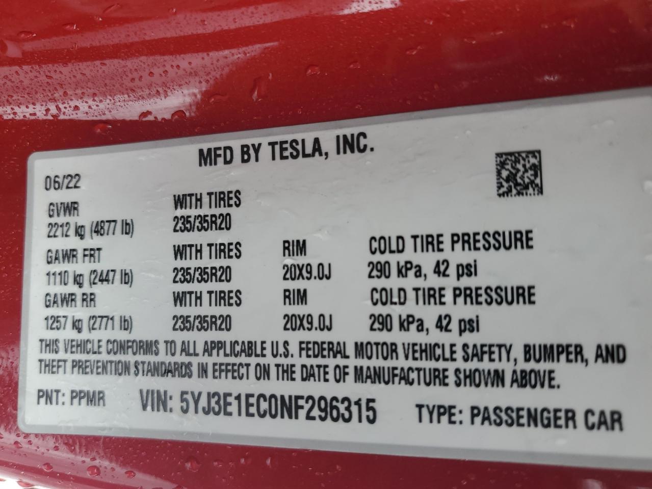 2022 TESLA MODEL 3  VIN:5YJ3E1EC0NF296315