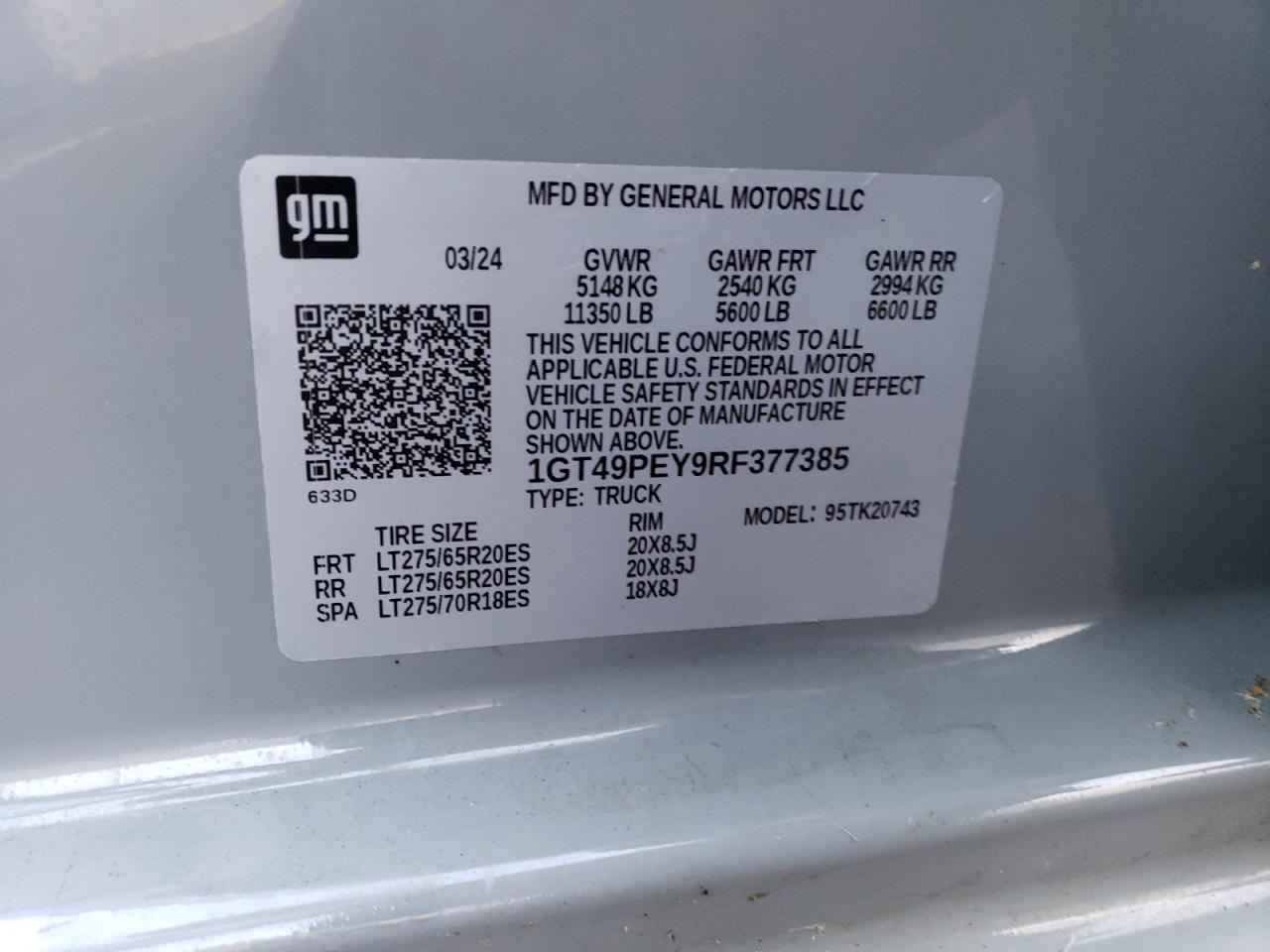 2024 GMC SIERRA K2500 AT4 VIN:1GT49PEY9RF377385