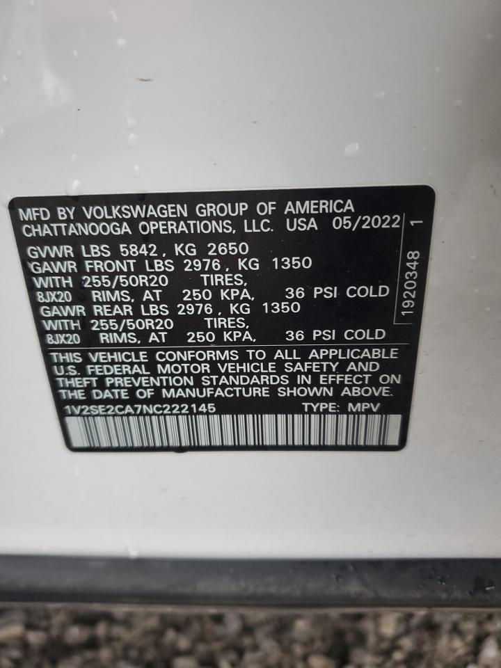 2022 VOLKSWAGEN ATLAS CROSS SPORT SEL R-LINE VIN:1V2SE2CA7NC222145