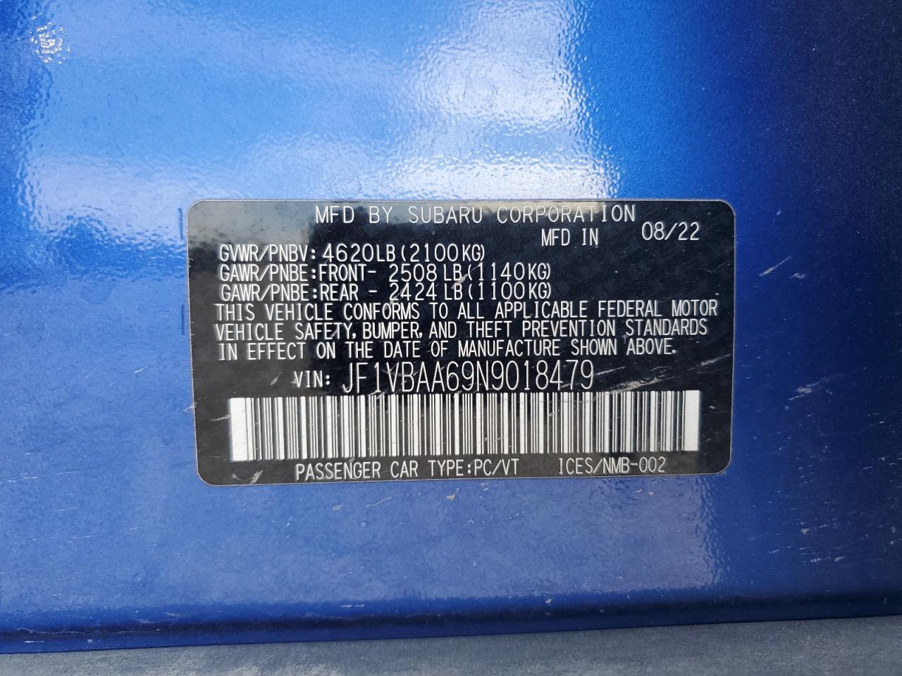 2022 SUBARU WRX  VIN:JF1VBAA69N9018479