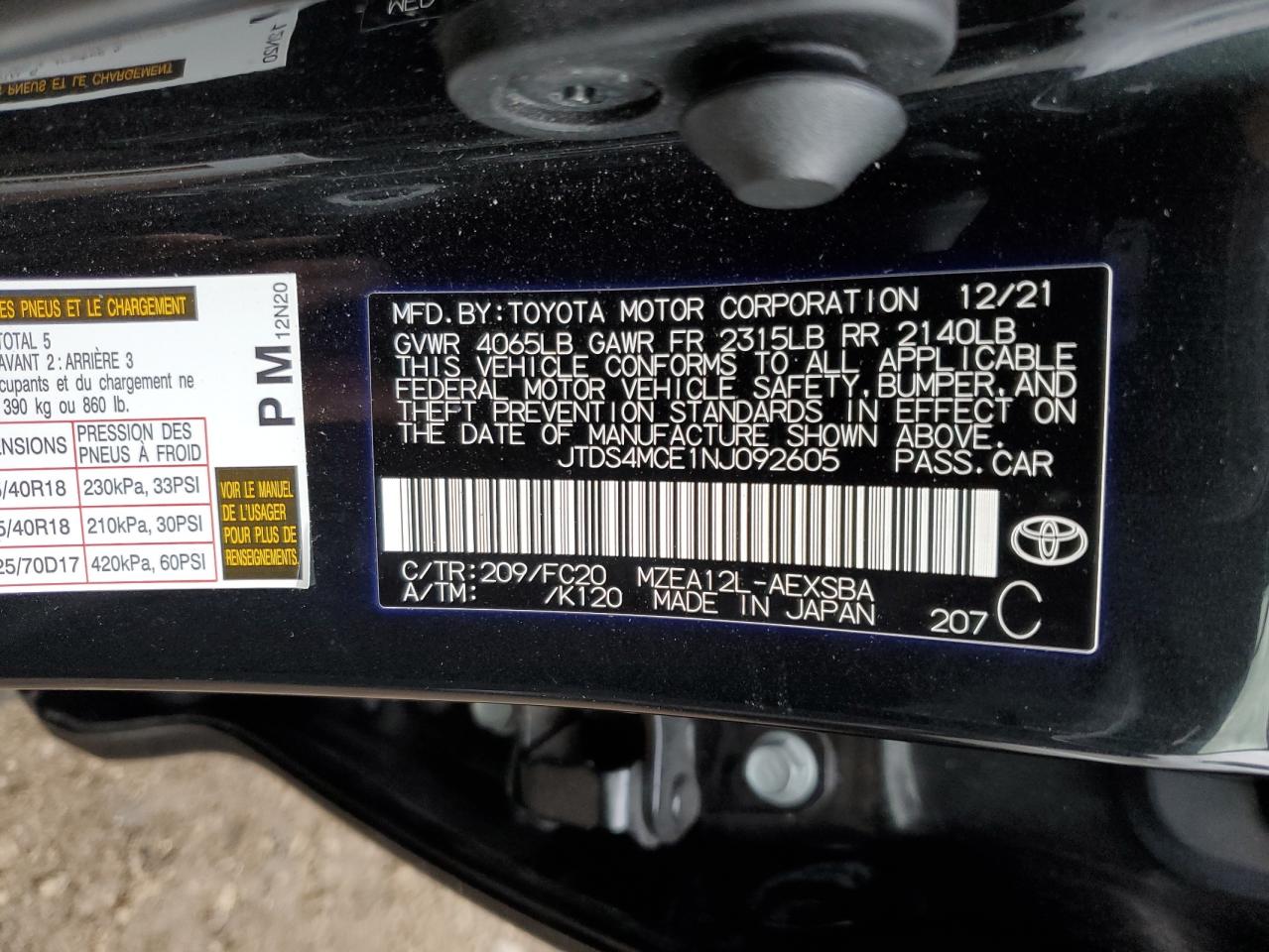 2022 TOYOTA COROLLA SE VIN:JTDS4MCE1NJ092605