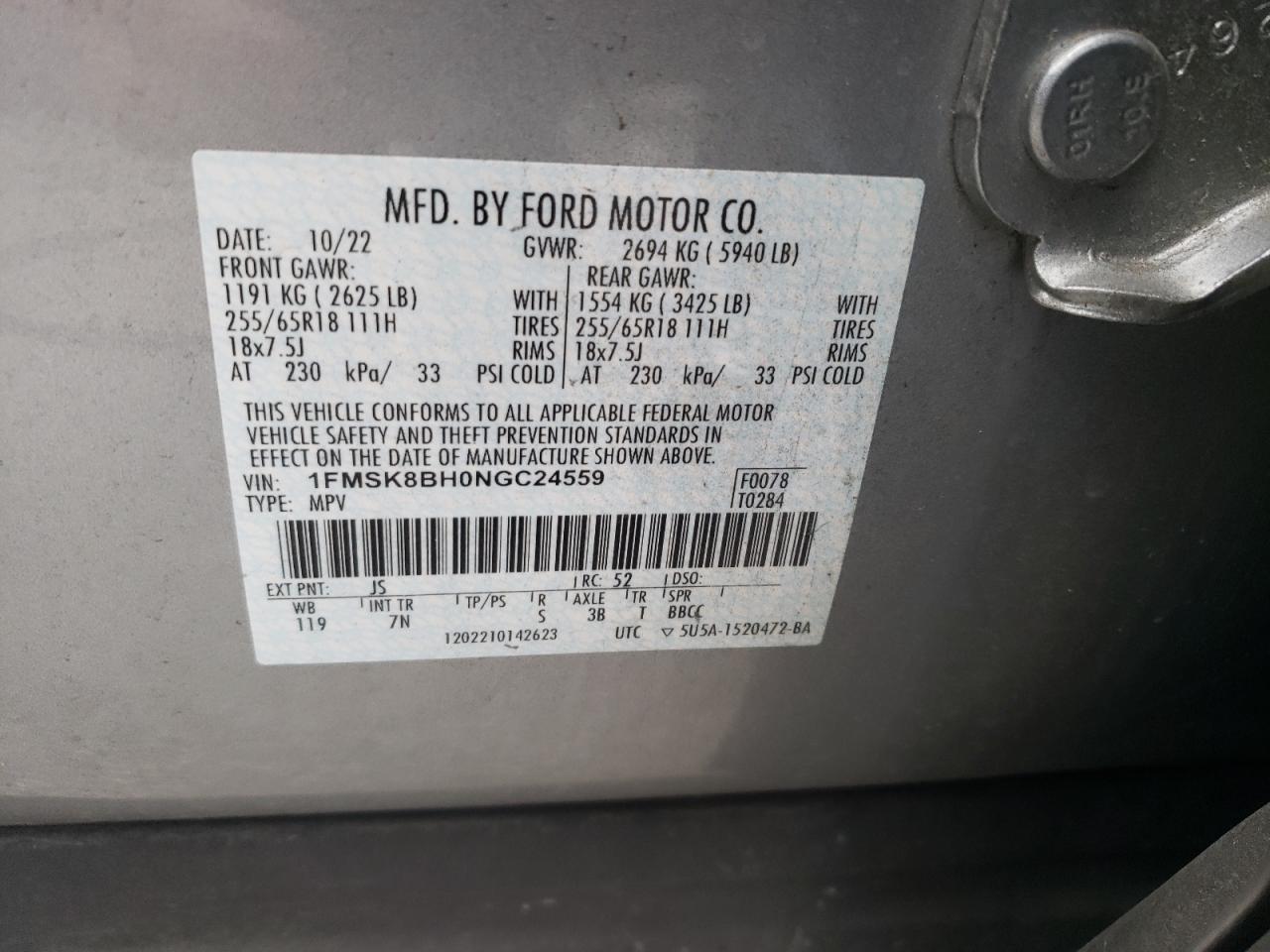2022 FORD EXPLORER VIN:1FMSK8BH0NGC24559
