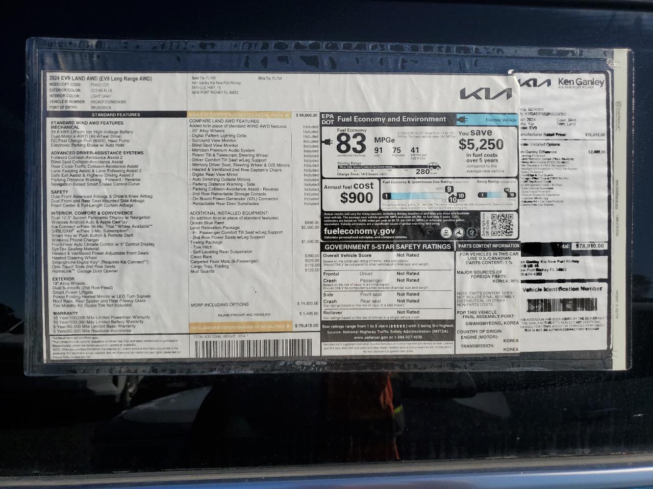 2024 KIA EV9 LAND VIN:KNDADFS52R6034360