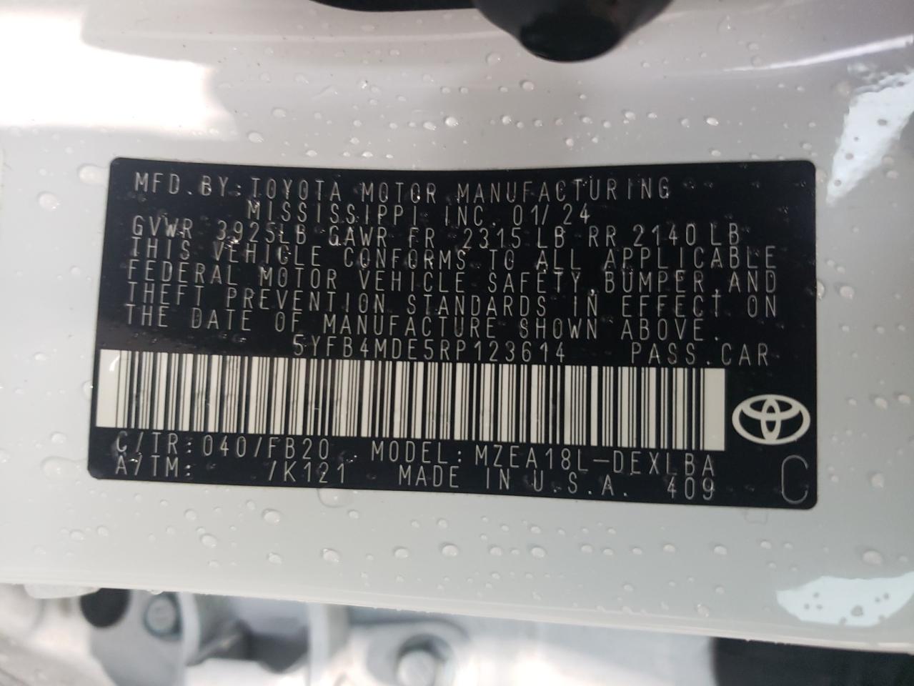 2024 TOYOTA COROLLA LE VIN:5YFB4MDE5RP123614