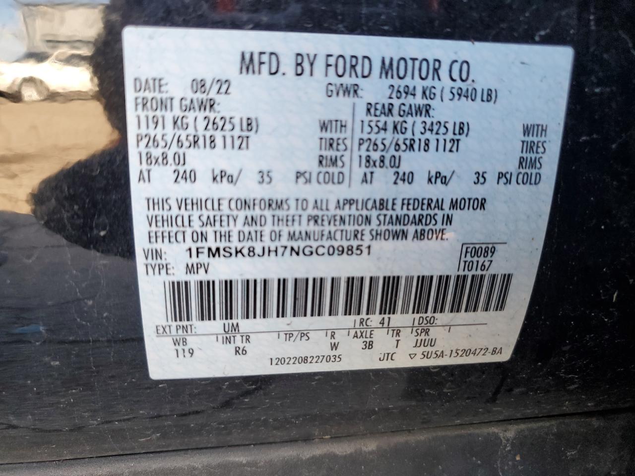 2022 FORD EXPLORER TIMBERLINE VIN:1FMSK8JH7NGC09851