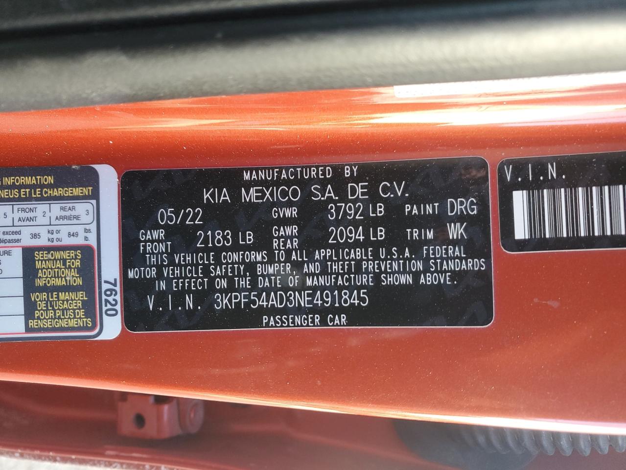 2022 KIA FORTE GT LINE VIN:3KPF54AD3NE491845