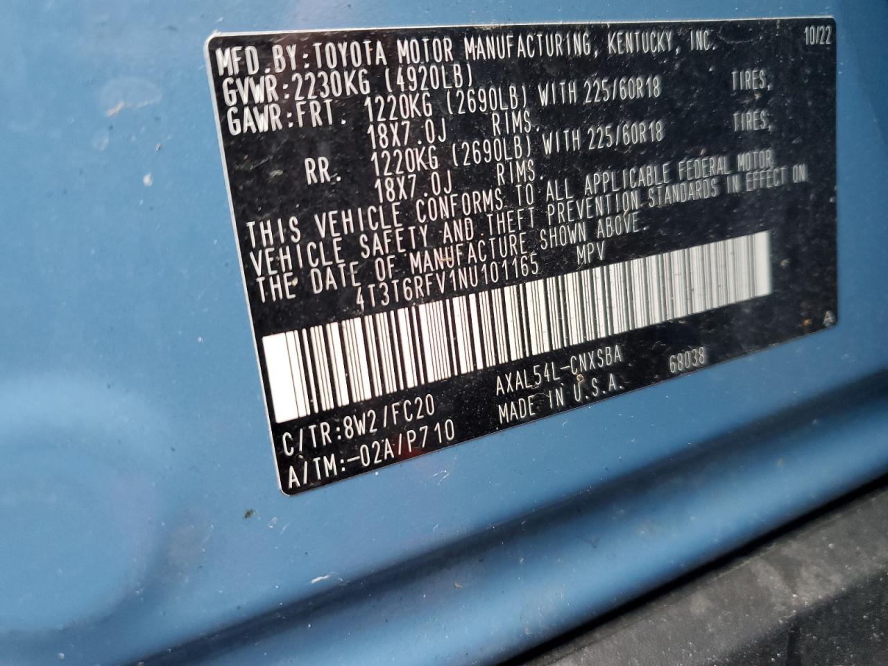 2022 TOYOTA RAV4 SE VIN:4T3T6RFV1NU101165