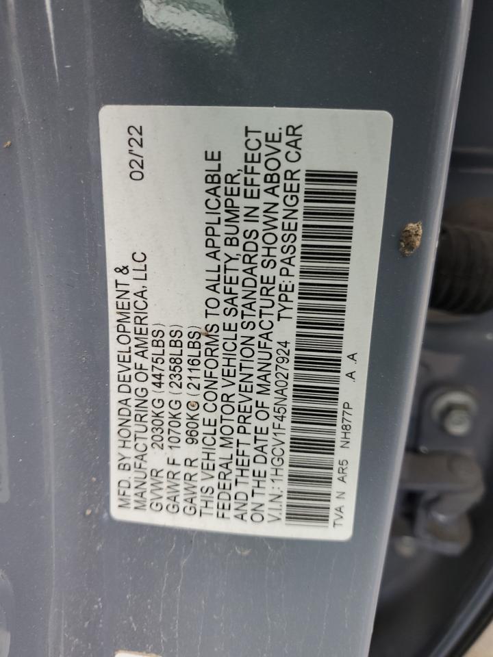2022 HONDA ACCORD SPORT SE VIN:1HGCV1F45NA027924