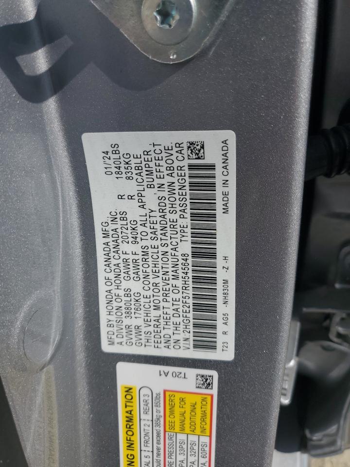 2024 HONDA CIVIC SPORT VIN:2HGFE2F57RH545648