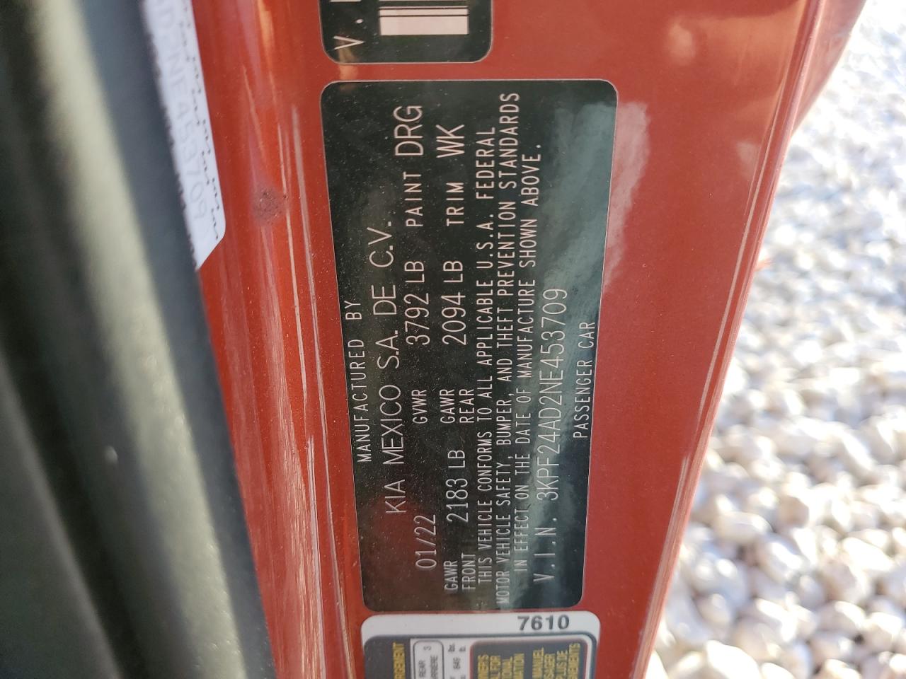2022 KIA FORTE FE VIN:3KPF24AD2NE453709