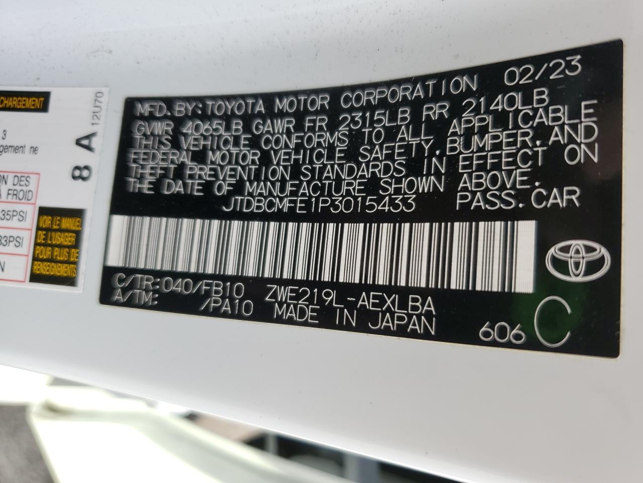 2023 TOYOTA COROLLA LE VIN:JTDBCMFE1P3015433