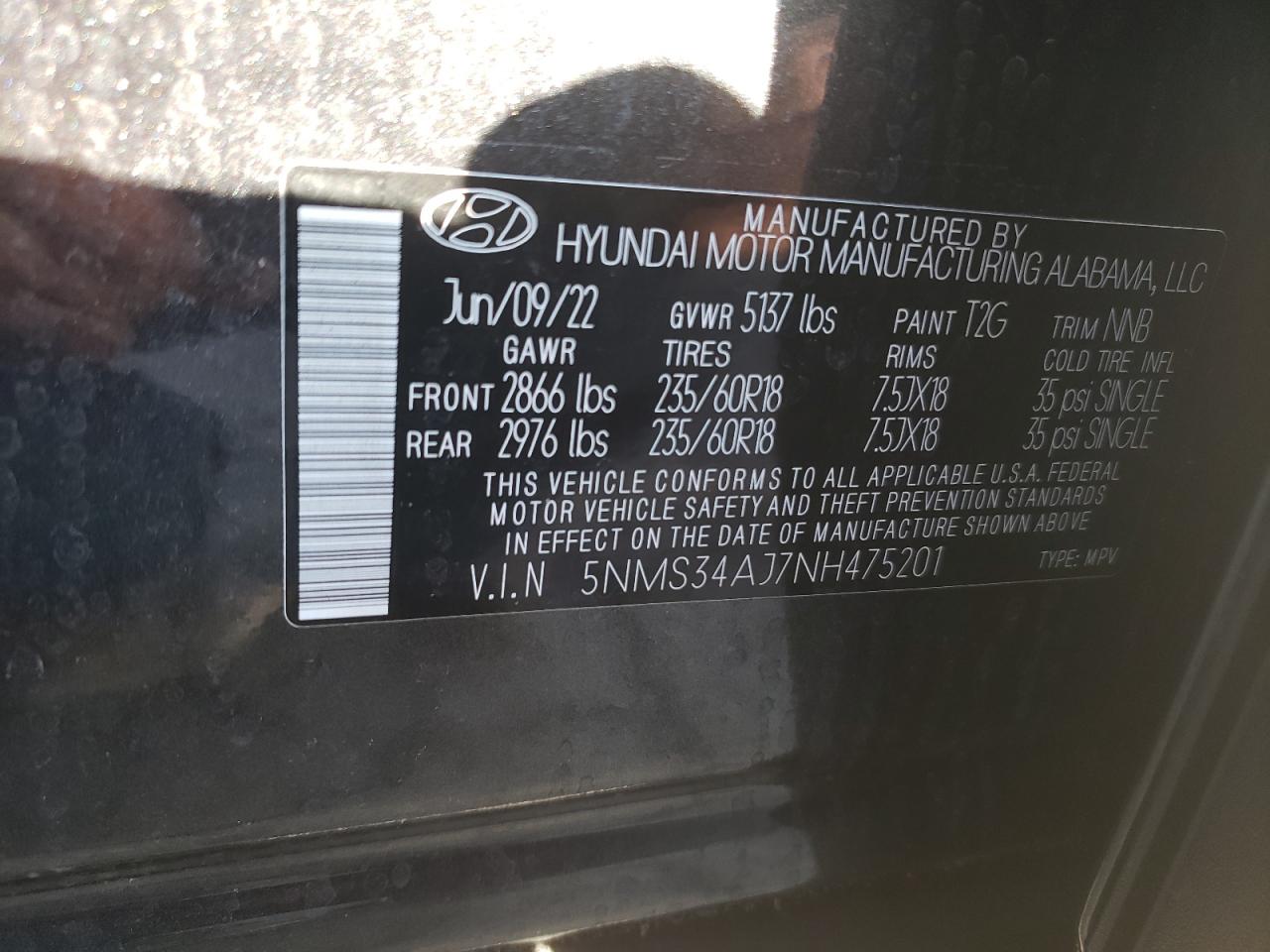 2022 HYUNDAI SANTA FE SEL VIN:5NMS34AJ7NH475201