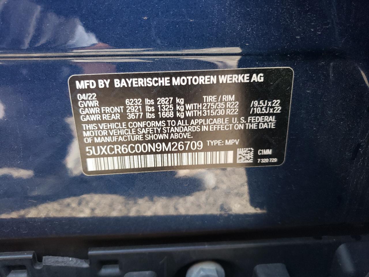 2022 BMW X5 XDRIVE40I VIN:5UXCR6C00N9M26709