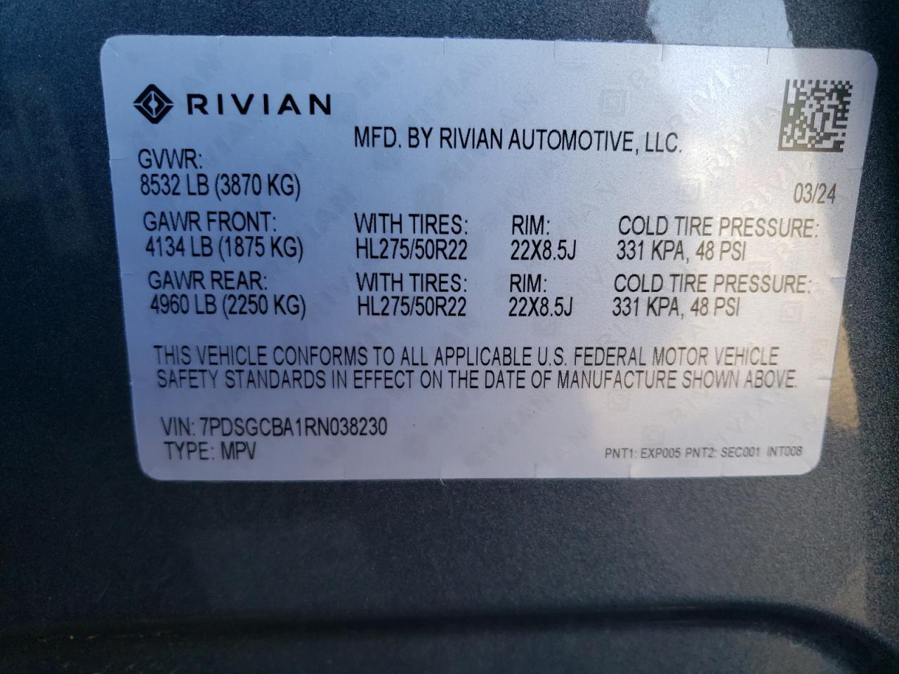 2024 RIVIAN R1S ADVENTURE VIN:7PDSGCBA1RN038230