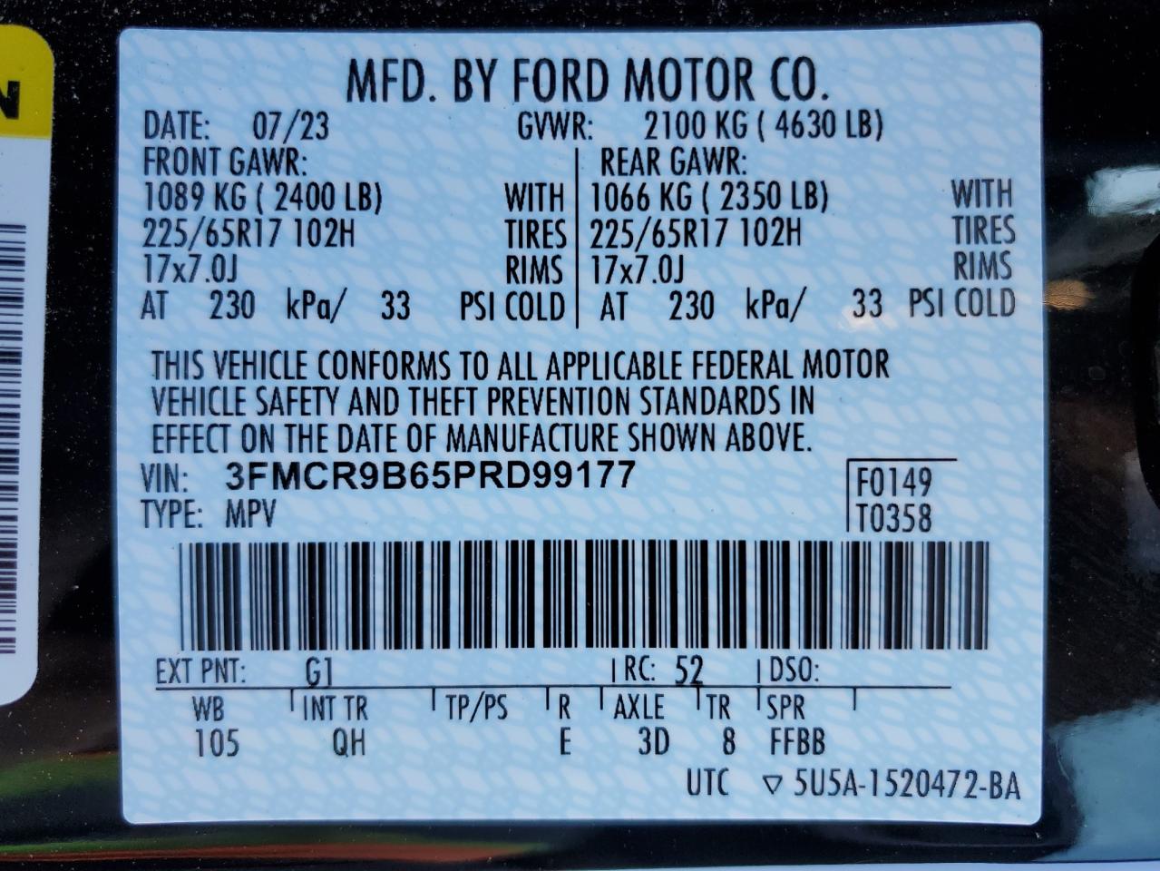 2023 FORD BRONCO SPORT BIG BEND VIN:3FMCR9B65PRD99177