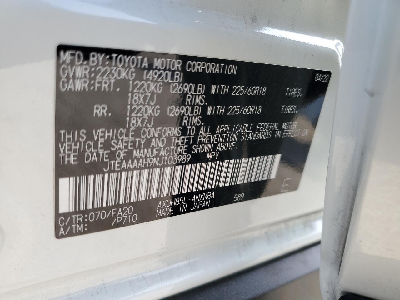 2022 TOYOTA VENZA LE VIN:JTEAAAAH9NJ103989