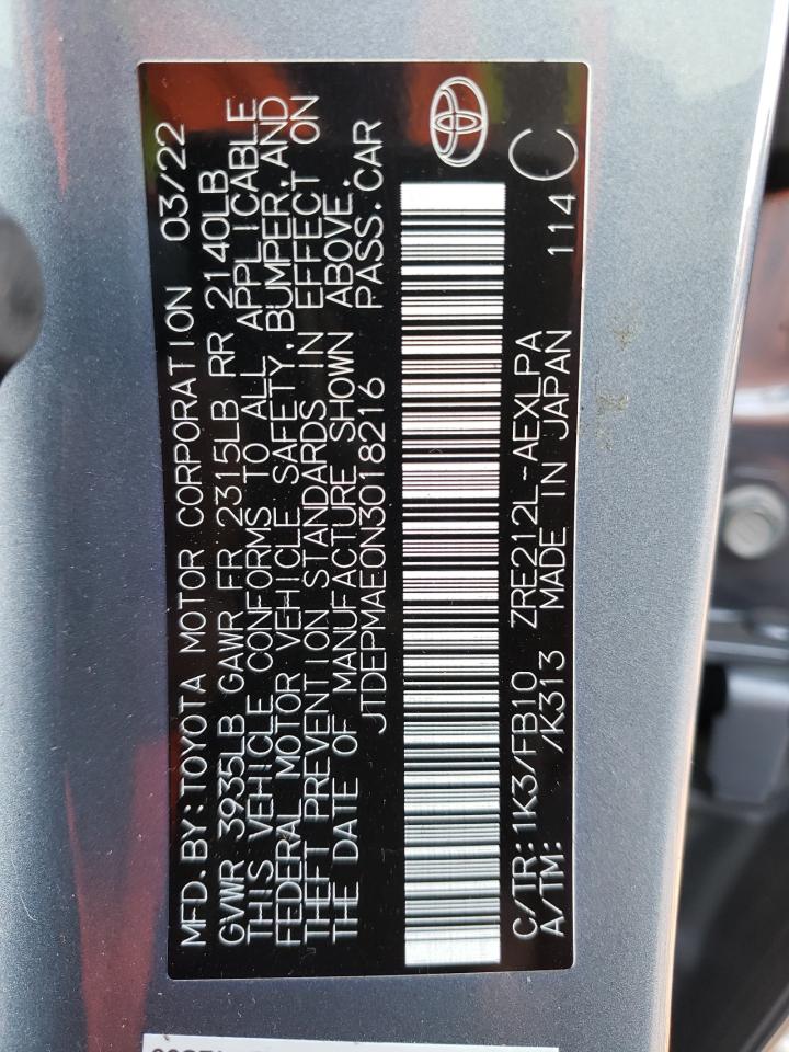 2022 TOYOTA COROLLA LE VIN:JTDEPMAE0N3018216