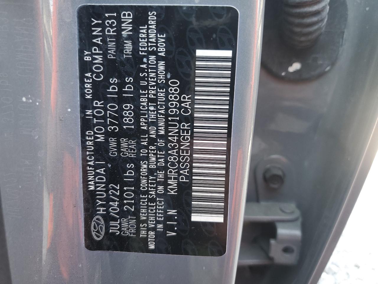 2022 HYUNDAI VENUE SEL VIN:KMHRC8A34NU199880