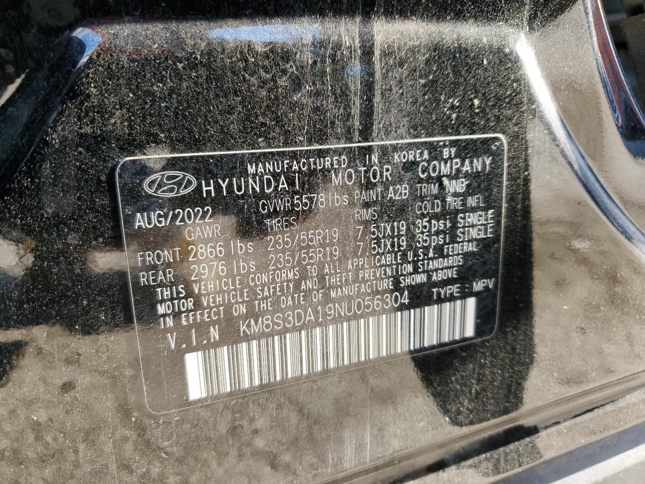 2022 HYUNDAI SANTA FE SEL PREMIUM VIN:KM8S3DA19NU056304
