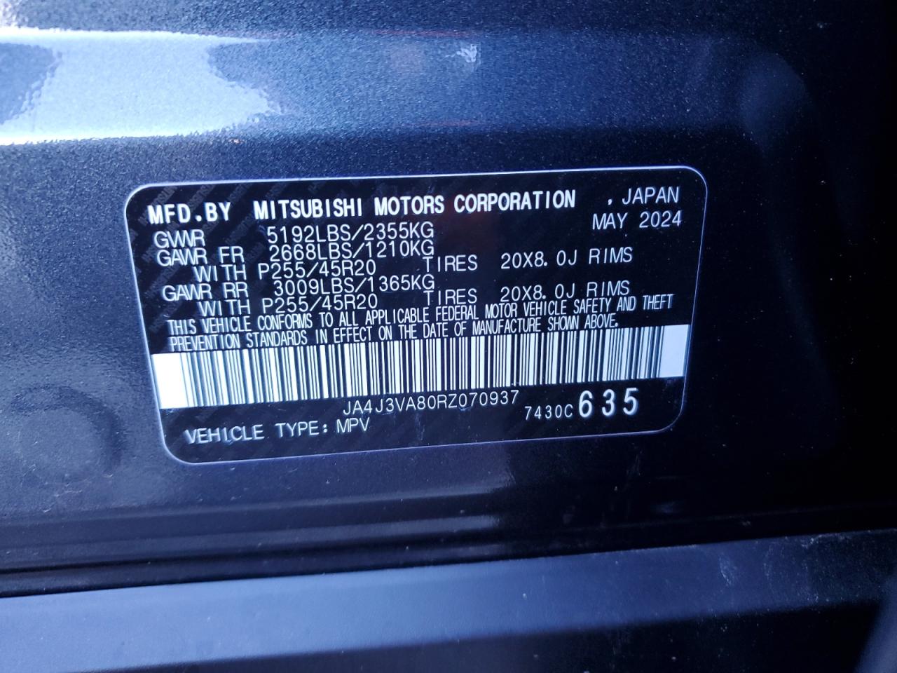 2024 MITSUBISHI OUTLANDER SE VIN:JA4J3VA80RZ070937