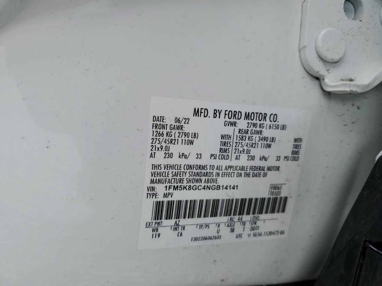 2022 FORD EXPLORER ST VIN:1FM5K8GC4NGB14141