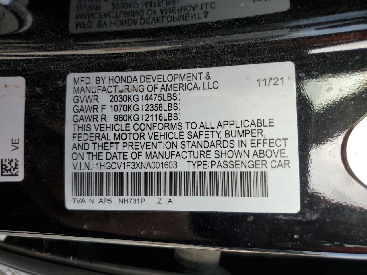 2022 HONDA ACCORD SPORT VIN:1HGCV1F3XNA001603