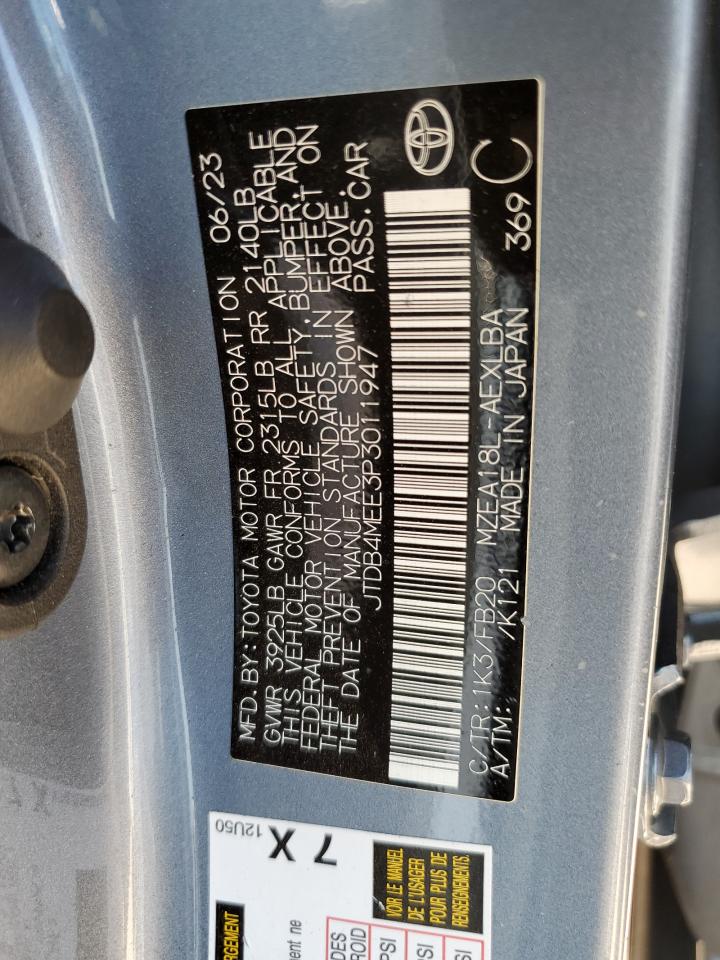 2023 TOYOTA COROLLA LE VIN:JTDB4MEE3P3011947