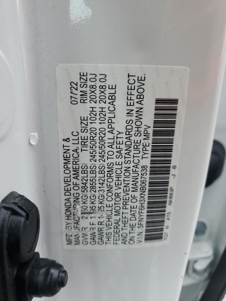 2022 HONDA PILOT SPORT VIN:5FNYF6H3XNB067538