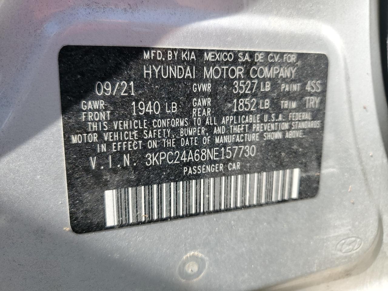 2022 HYUNDAI ACCENT SE VIN:3KPC24A68NE157730