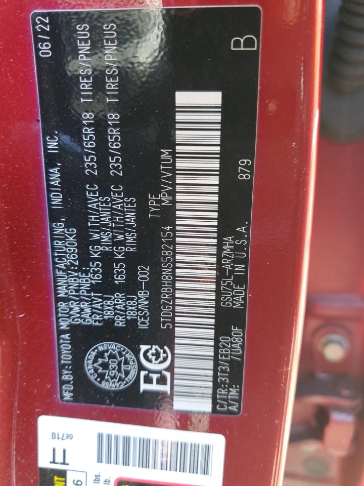2022 TOYOTA HIGHLANDER XLE VIN:5TDGZRBH8NS582154