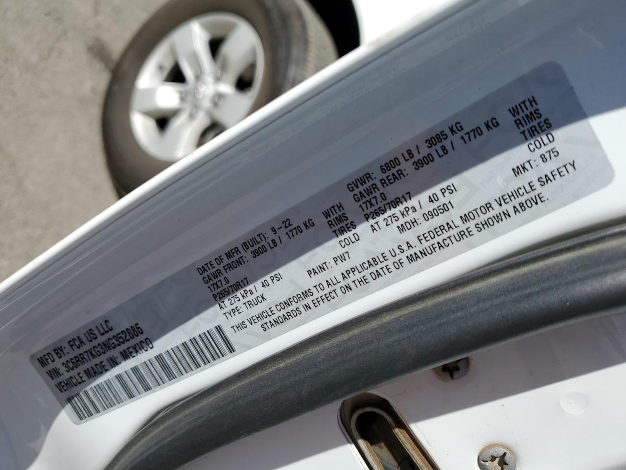 2022 RAM 1500 CLASSIC TRADESMAN VIN:3C6RR7KG3NG352886