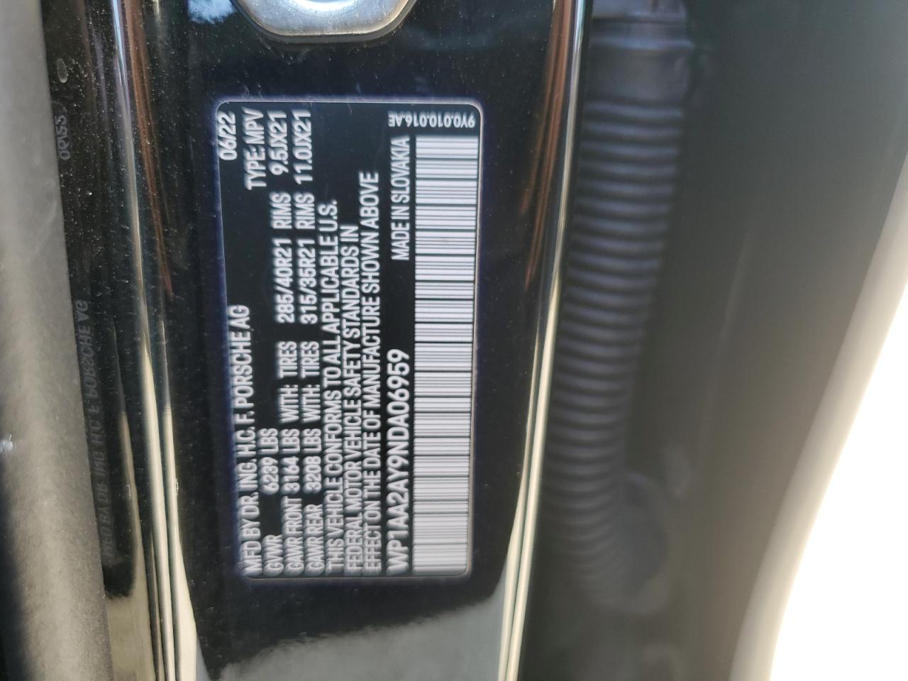 2022 PORSCHE CAYENNE  VIN:WP1AA2AY9NDA06959