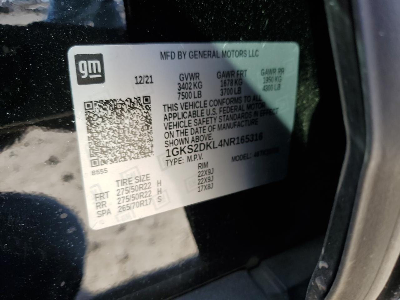 2022 GMC YUKON DENALI VIN:1GKS2DKL4NR165316
