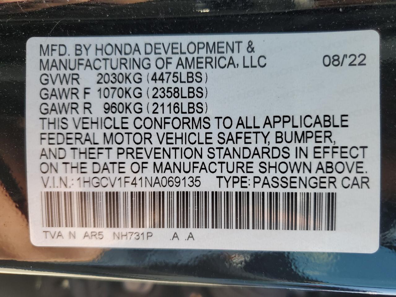 2022 HONDA ACCORD SPORT SE VIN:1HGCV1F41NA069135