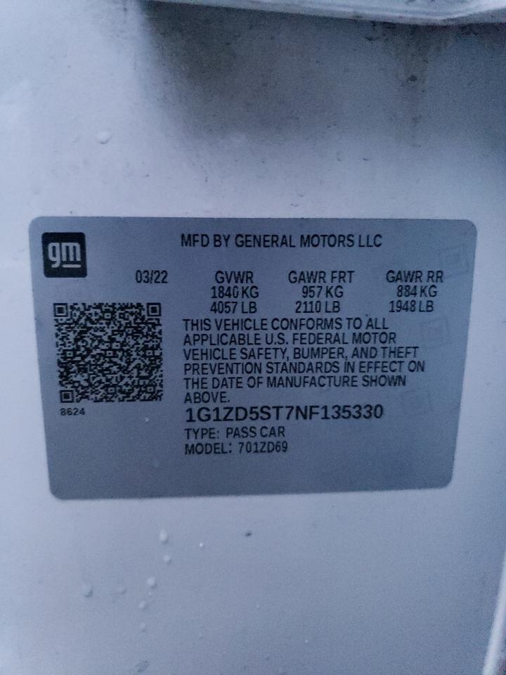 2022 CHEVROLET MALIBU LT VIN:1G1ZD5ST7NF135330