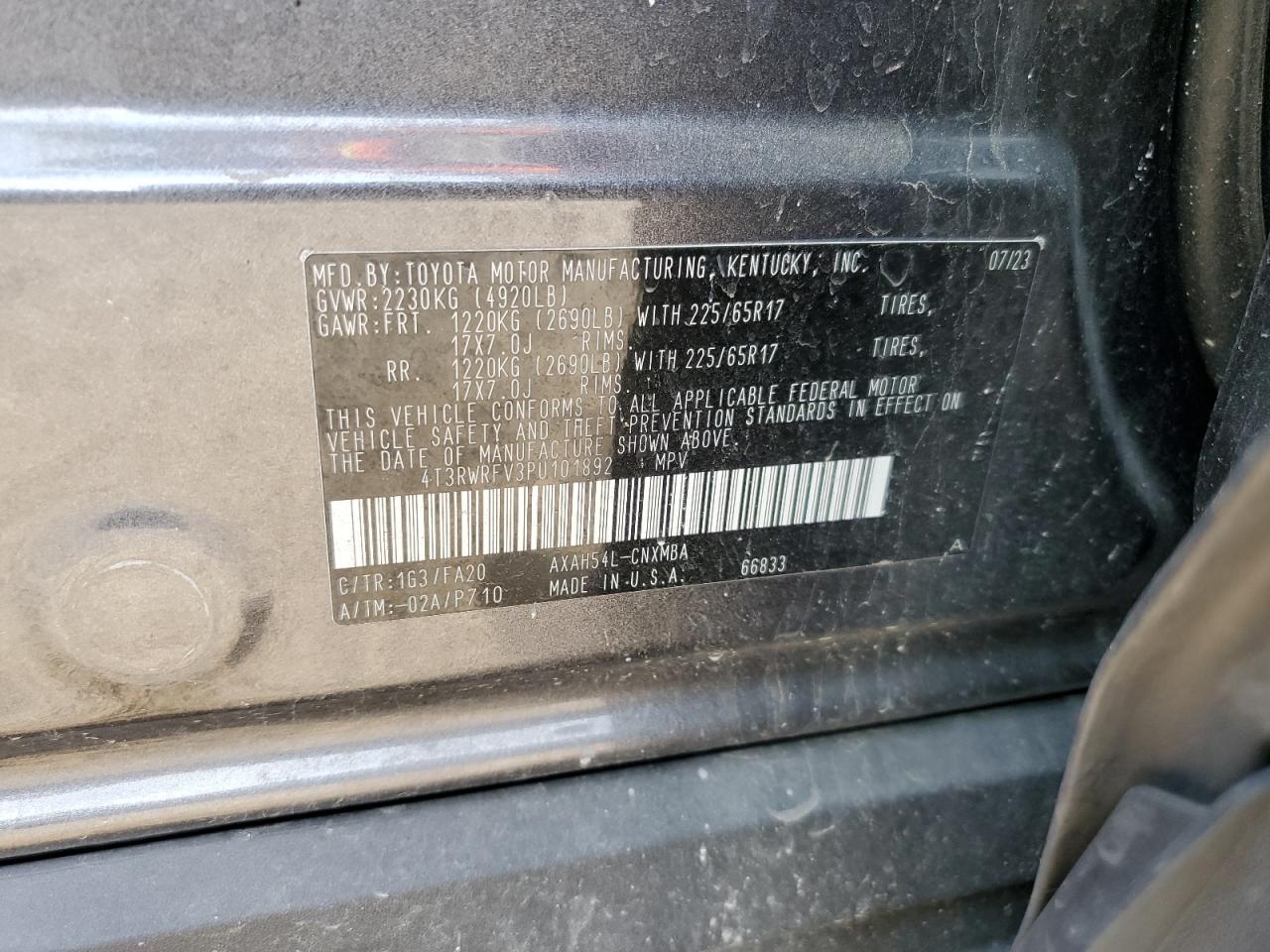 2023 TOYOTA RAV4 XLE VIN:4T3RWRFV3PU101892