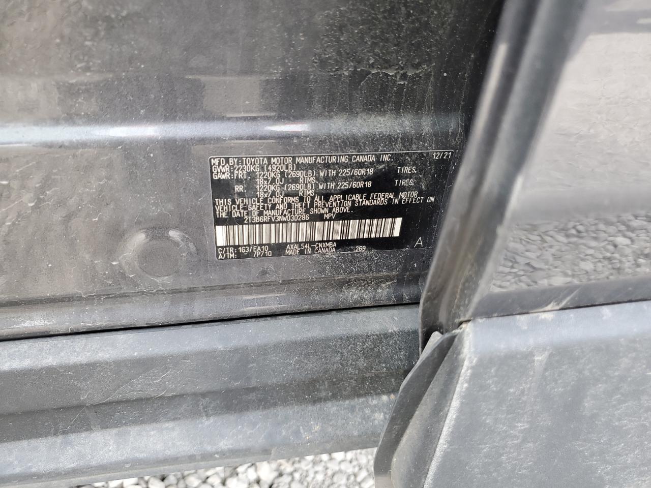 2022 TOYOTA RAV4 XLE PREMIUM VIN:2T3B6RFV3NW030286