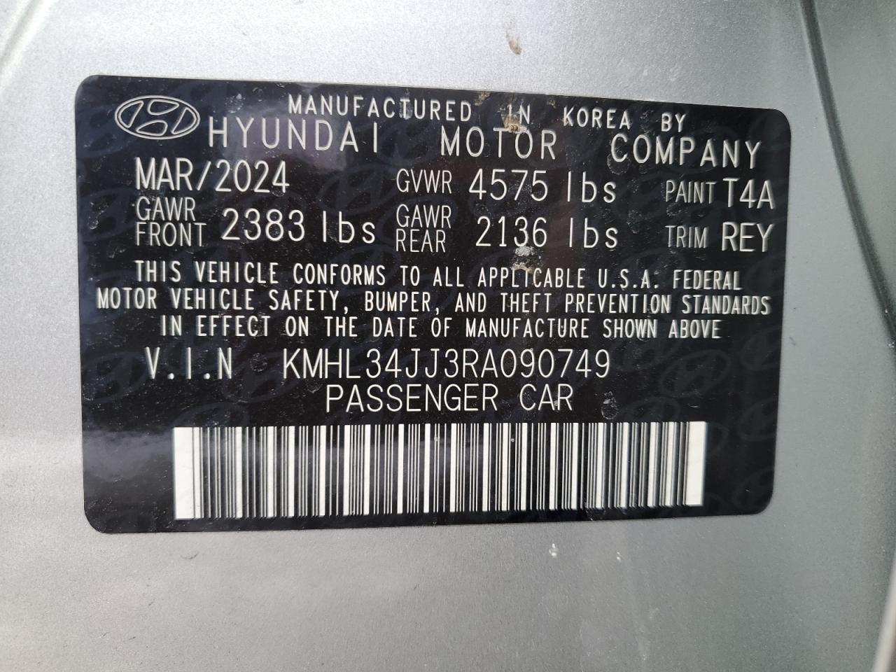 2024 HYUNDAI SONATA HYBRID VIN:KMHL34JJ3RA090749