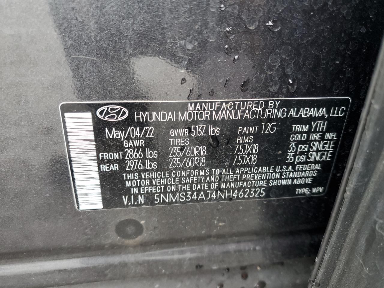 2022 HYUNDAI SANTA FE SEL VIN:5NMS34AJ4NH462325