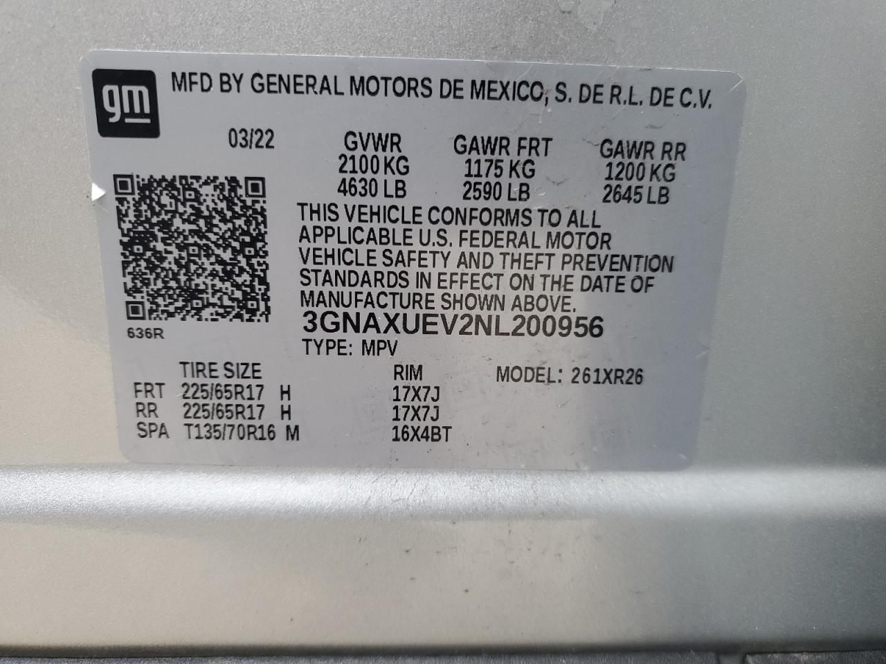 2022 CHEVROLET EQUINOX LT VIN:3GNAXUEV2NL200956